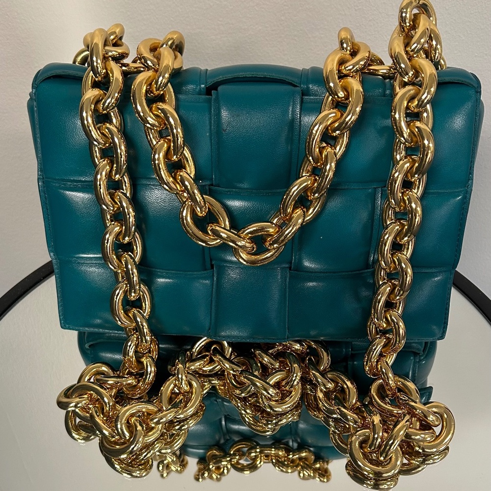 Bottega Veneta Teal Green Leather Padded Chain Cassette Top Hand